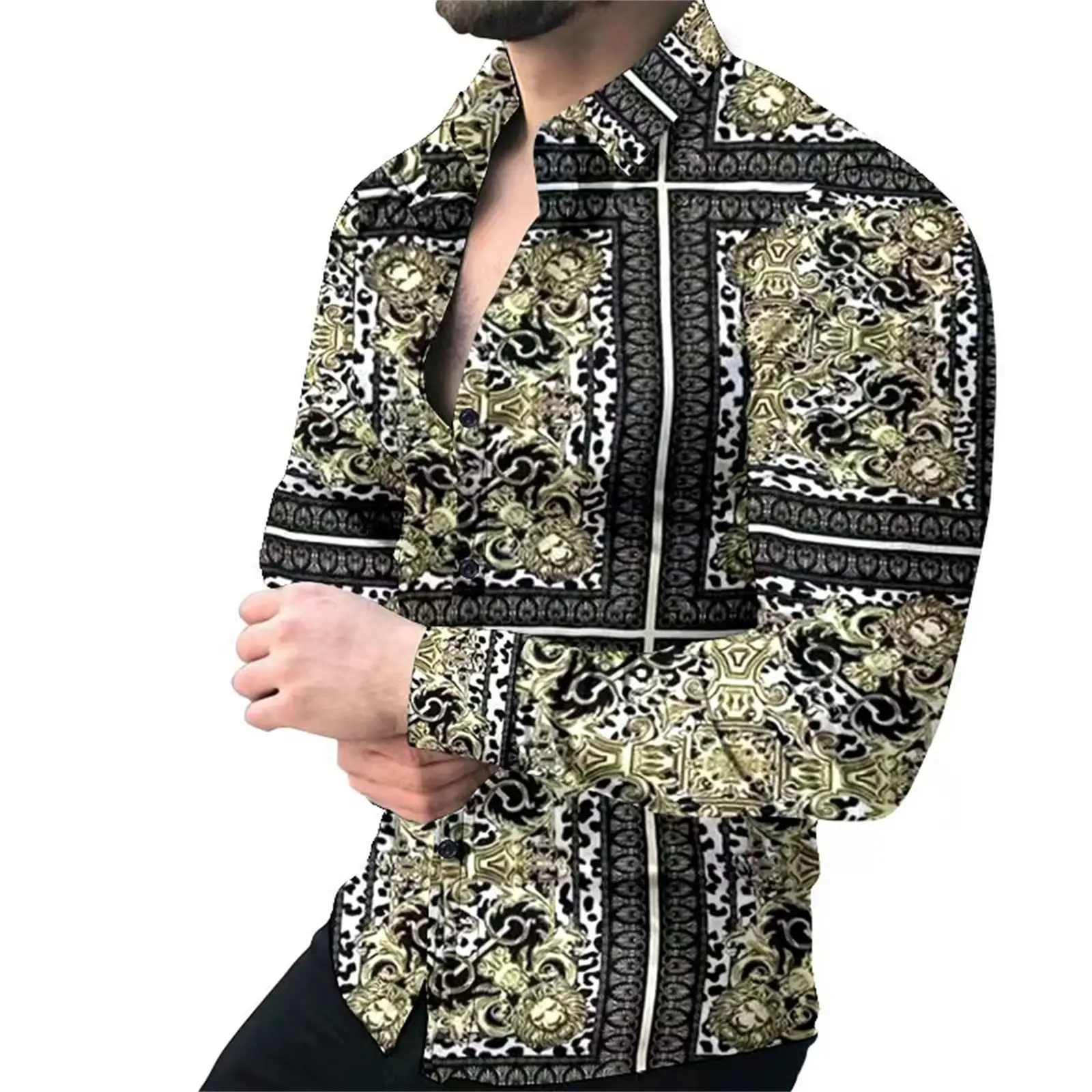 Men Printed Long Sleeve Casual Cardigan Button Holiday Shirt — feature 8