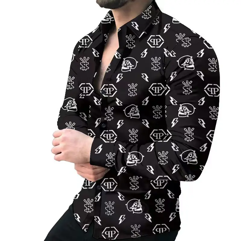 Men Printed Long Sleeve Casual Cardigan Button Holiday Shirt — feature 9