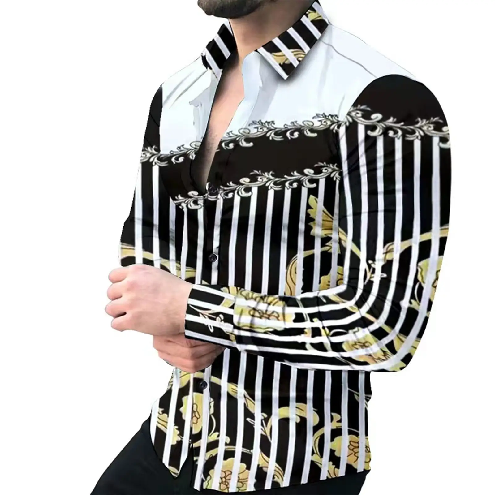 Men Printed Long Sleeve Casual Cardigan Button Holiday Shirt - Image 10
