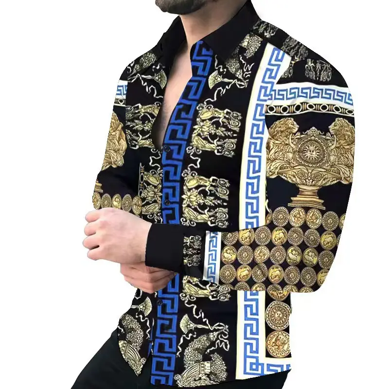 Men Printed Long Sleeve Casual Cardigan Button Holiday Shirt - Image 4