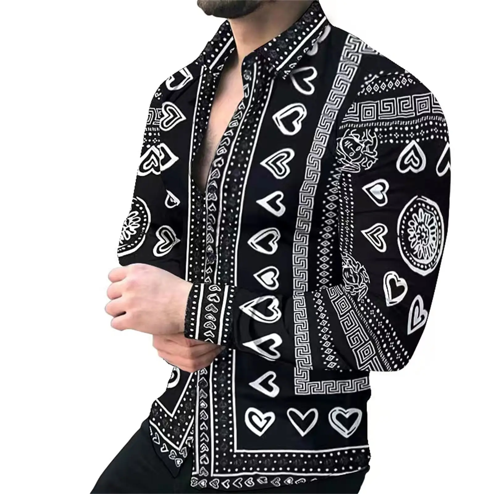 Men Printed Long Sleeve Casual Cardigan Button Holiday Shirt - Image 6