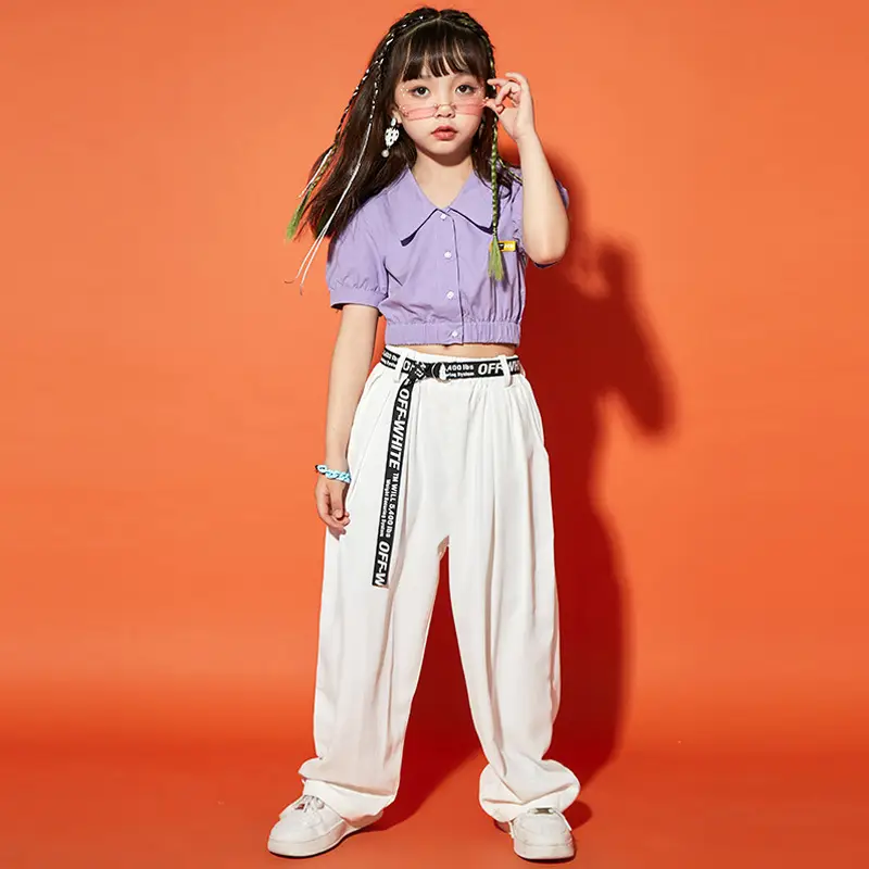 Girls Hip Hop Dance Suit Purple White Loose Fit - Image 4
