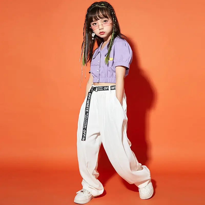 Girls Hip Hop Dance Suit Purple White Loose Fit - Image 5