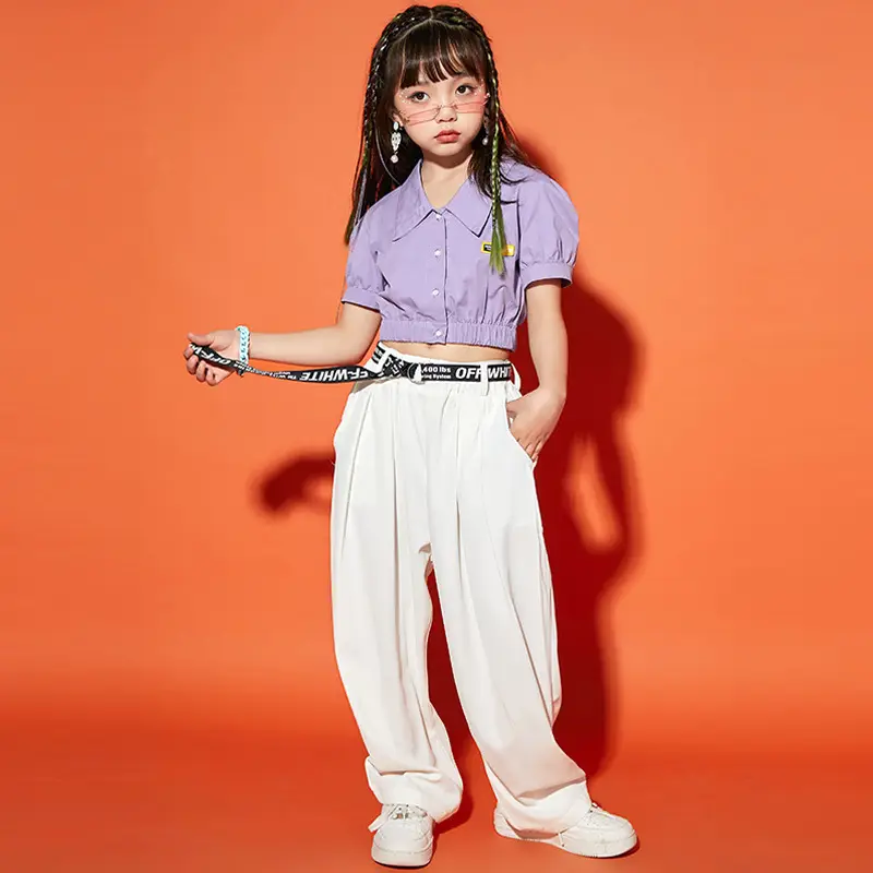 Girls Hip Hop Dance Suit Purple White Loose Fit - Image 6