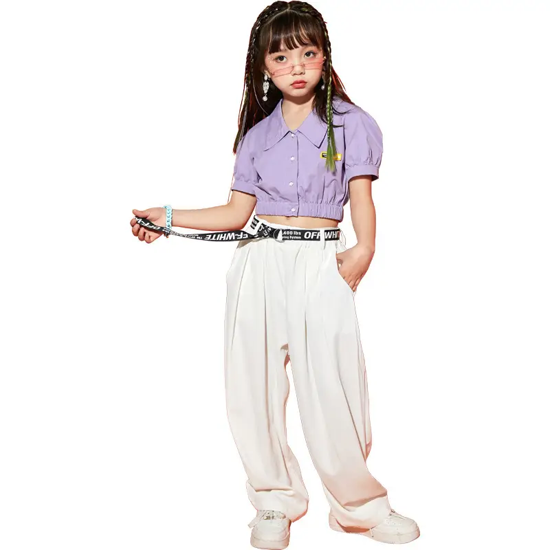 Girls Hip Hop Dance Suit Purple White Loose Fit - Image 7
