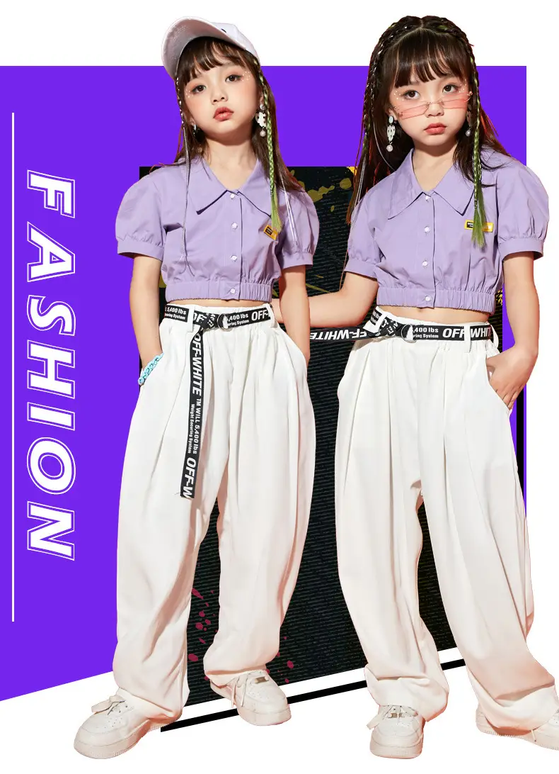 Girls Hip Hop Dance Suit Purple White Loose Fit — feature 1