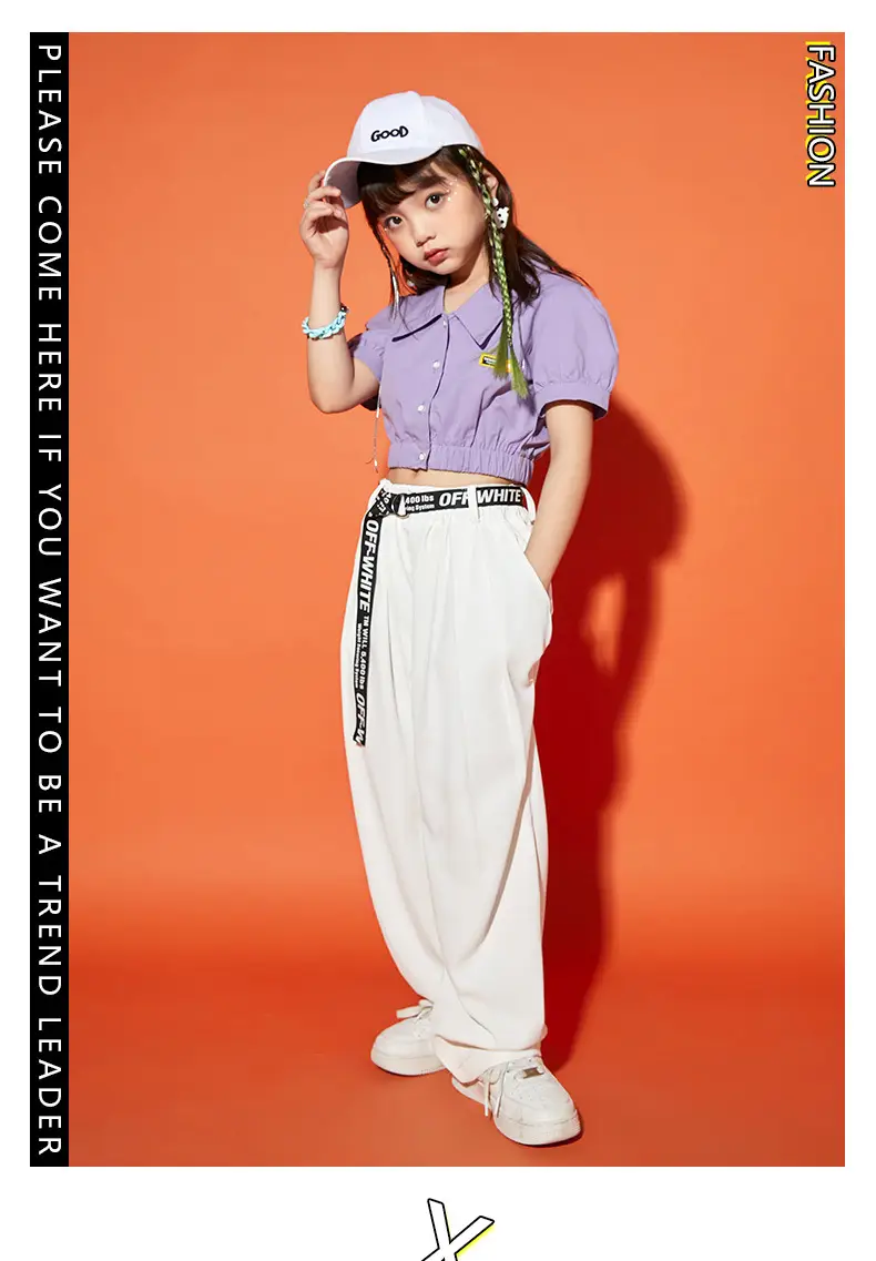 Girls Hip Hop Dance Suit Purple White Loose Fit — feature 10
