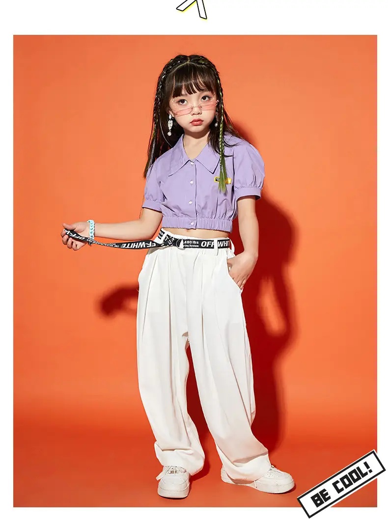 Girls Hip Hop Dance Suit Purple White Loose Fit — feature 11