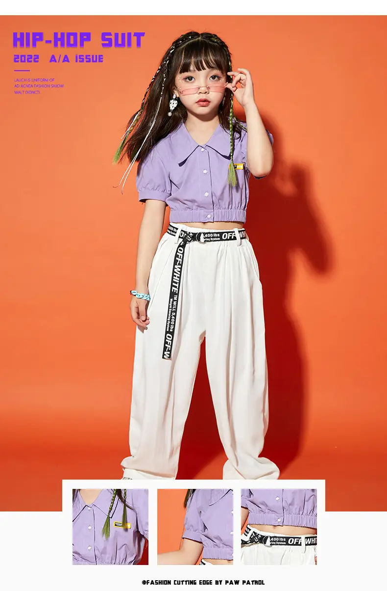 Girls Hip Hop Dance Suit Purple White Loose Fit — feature 2