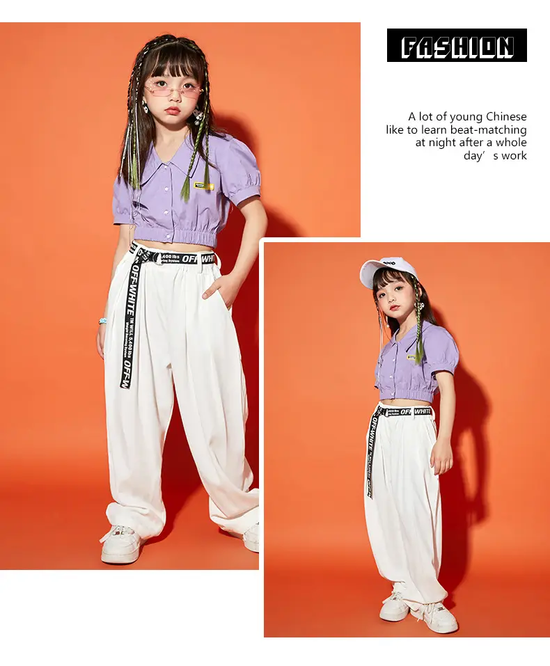 Girls Hip Hop Dance Suit Purple White Loose Fit — feature 6