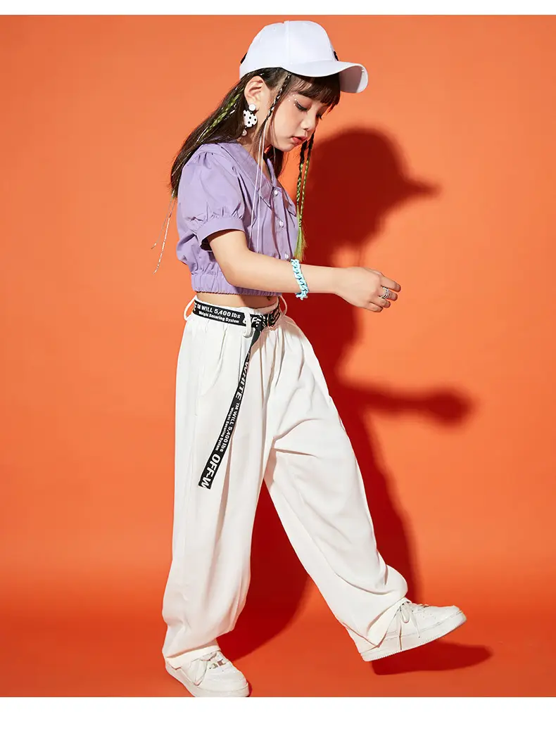 Girls Hip Hop Dance Suit Purple White Loose Fit — feature 7
