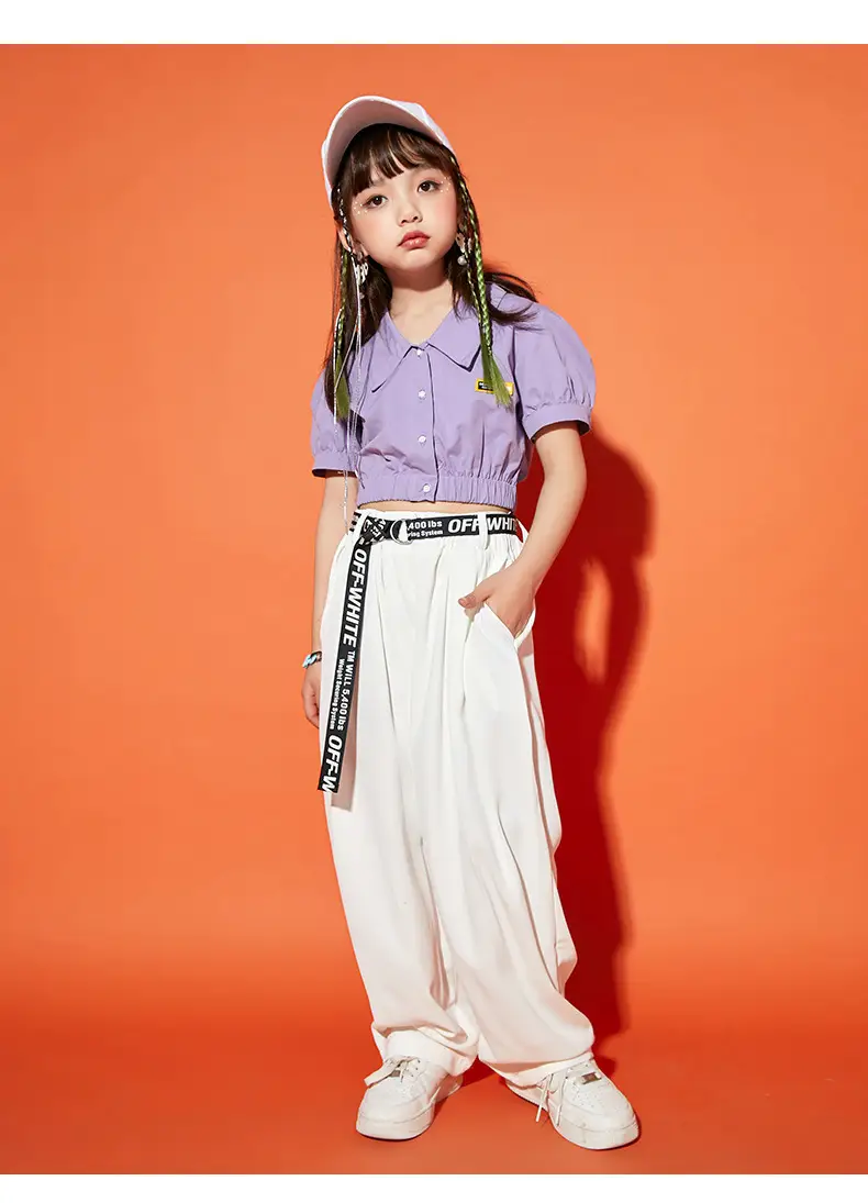 Girls Hip Hop Dance Suit Purple White Loose Fit — feature 9
