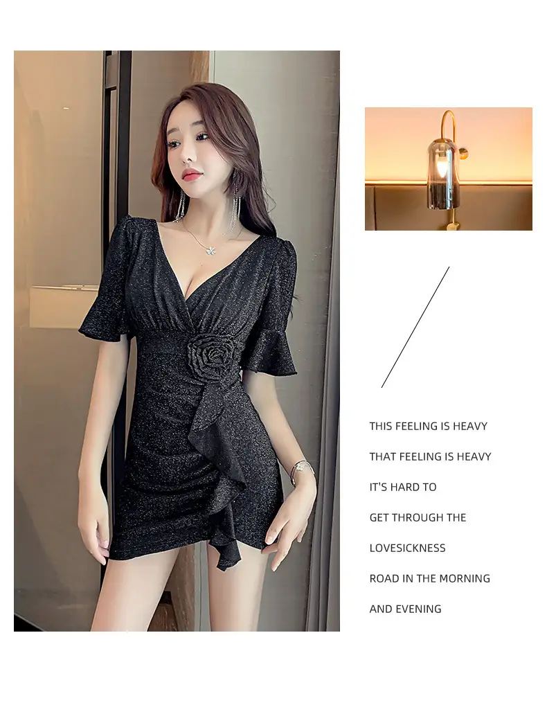 Black Low Cut V Neck Nightwear Dress — feature 8