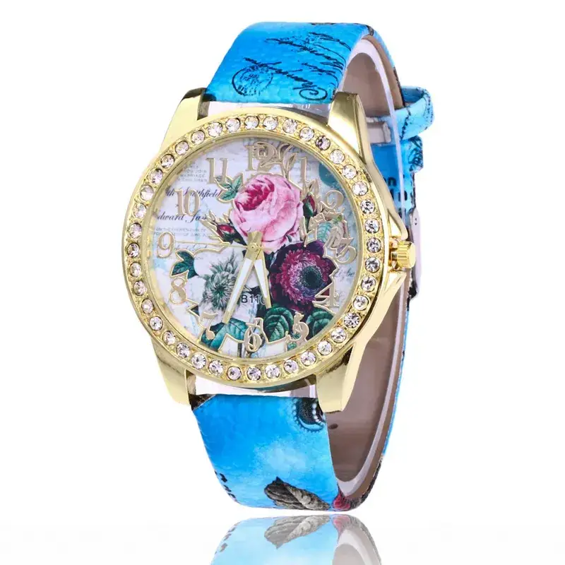 Women's Rose Pattern Quartz Watch with Rhinestone Belt - Image 3