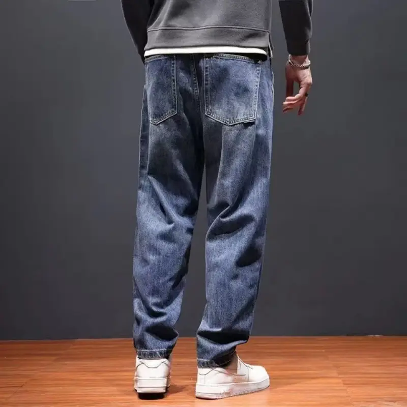 Men's Blue Denim Harem Pants Loose Fit Casual Cropped
