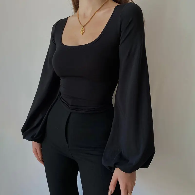 Black Long Sleeve U-Neck T-Shirt for Women - Image 2