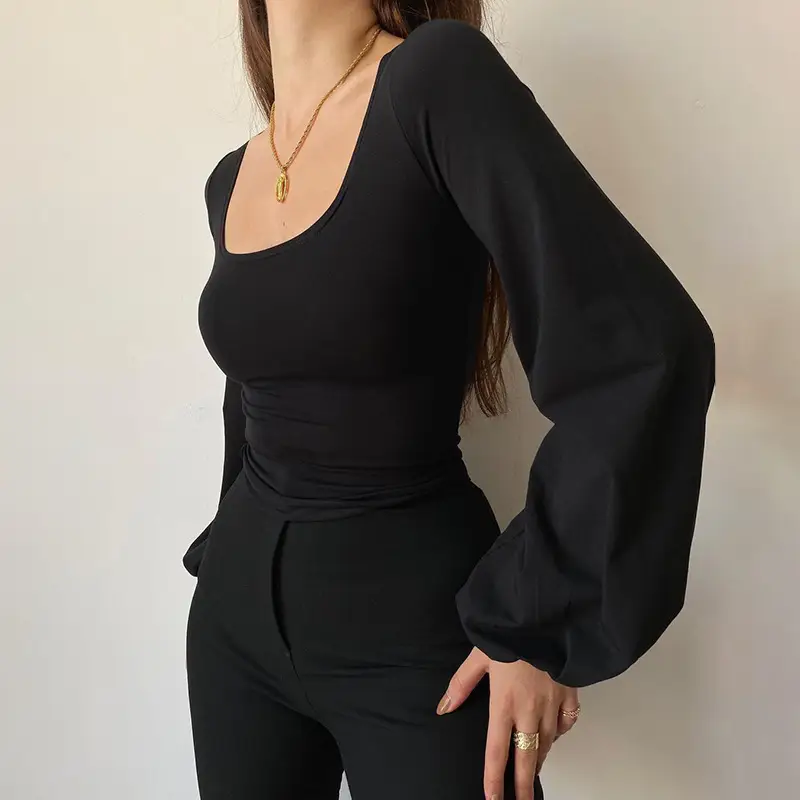 Black Long Sleeve U-Neck T-Shirt for Women - Image 3