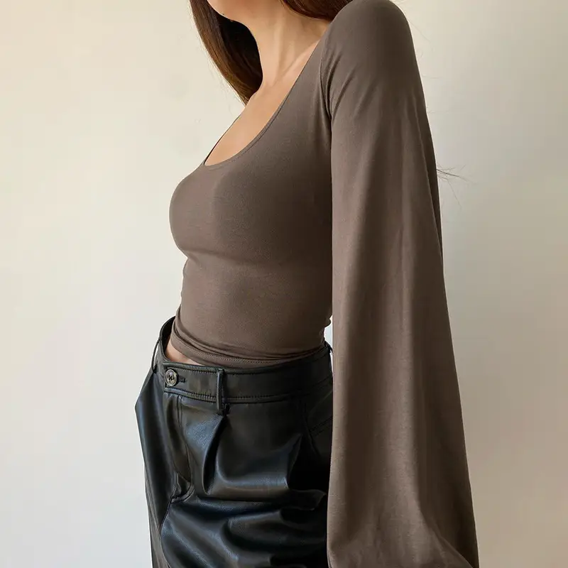 Black Long Sleeve U-Neck T-Shirt for Women - Image 4