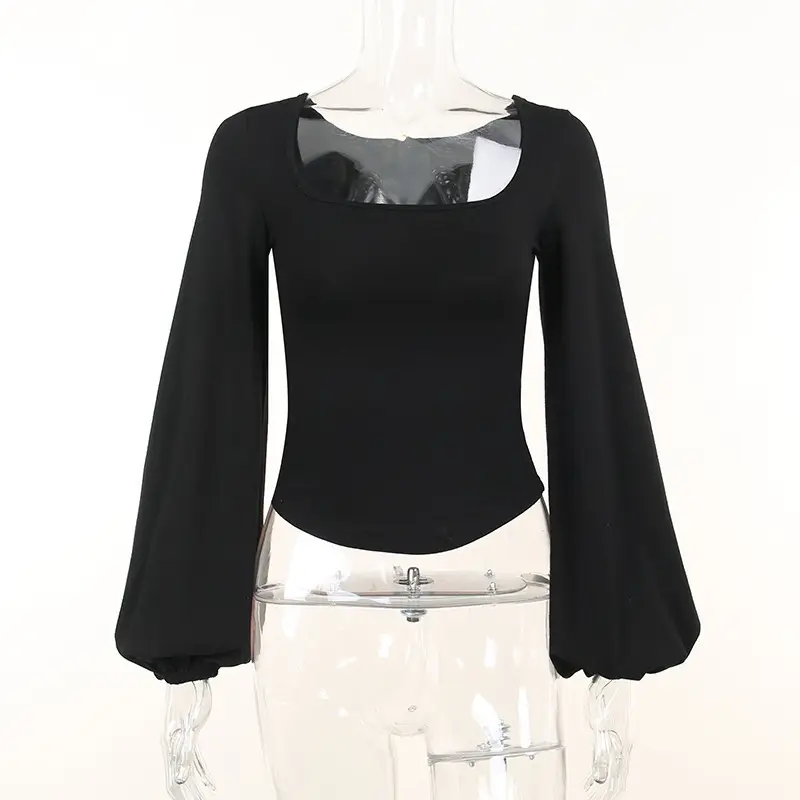 Black Long Sleeve U-Neck T-Shirt for Women - Image 6