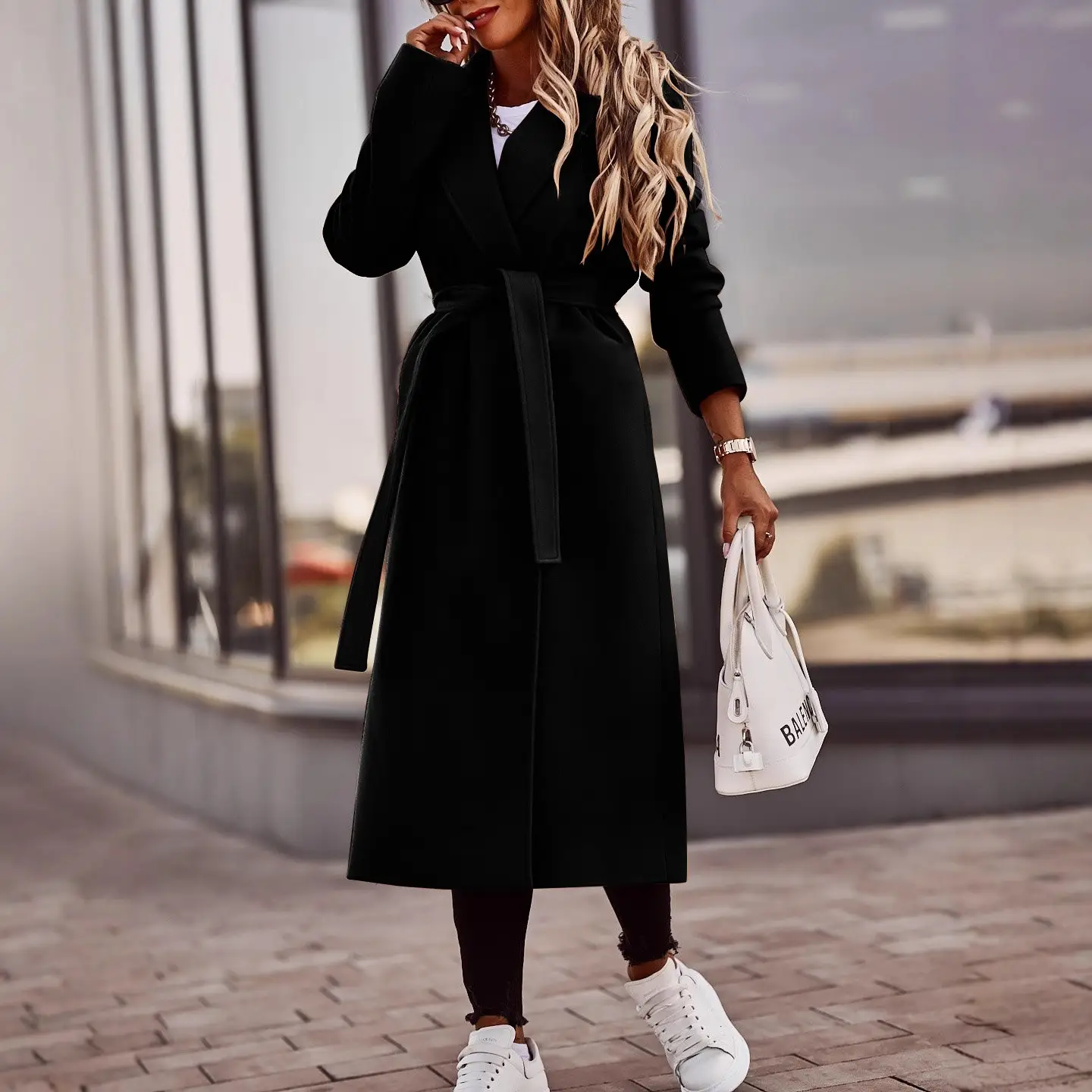 2022 Woolen Long Sleeve V Neck Strappy Coat for Women - Image 6