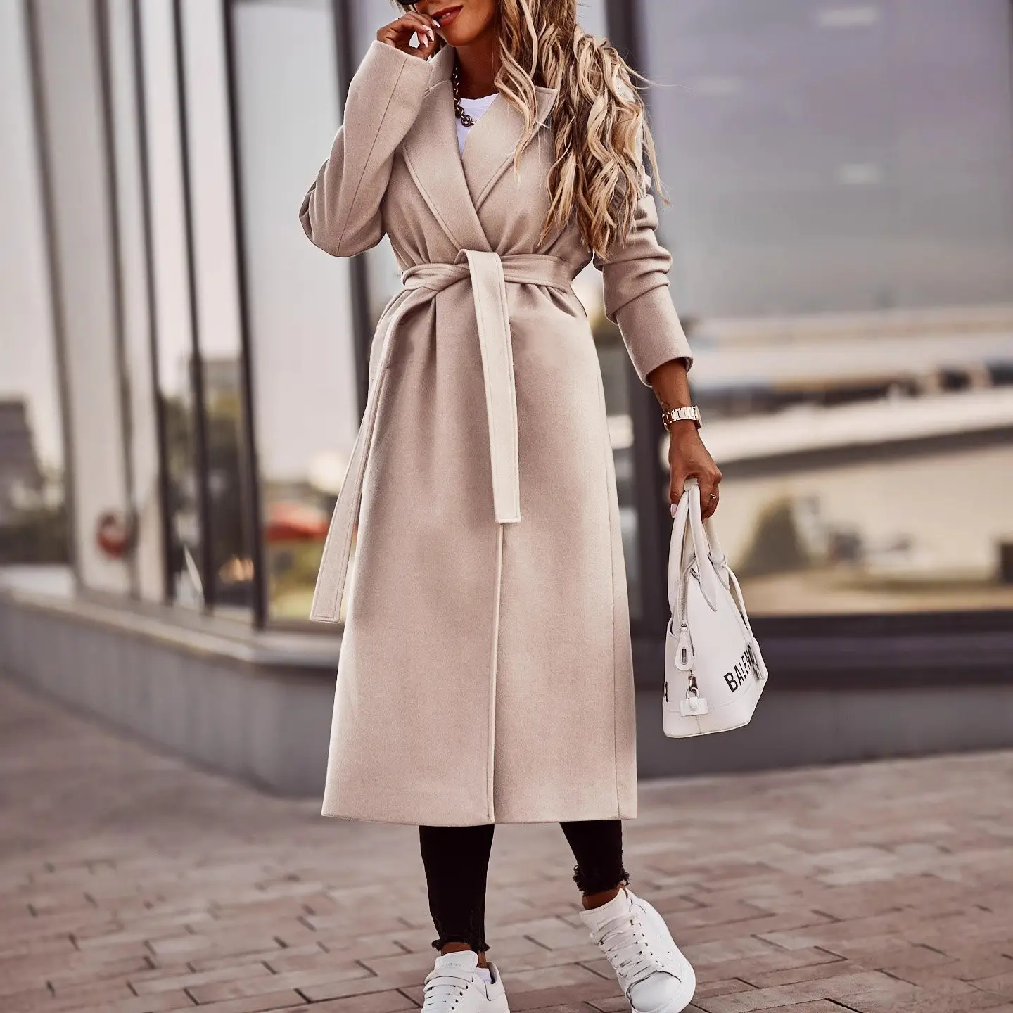 2022 Woolen Long Sleeve V Neck Strappy Coat for Women - Image 8