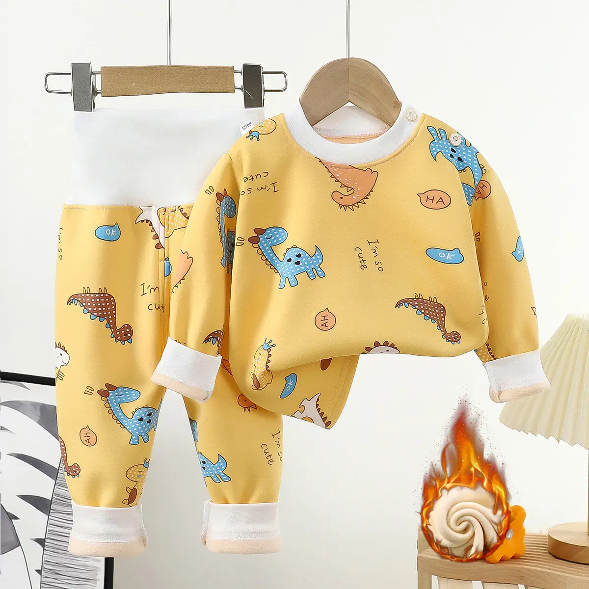 Yellow Fleece Baby Pajama Set with Dinosaur Print - Image 8
