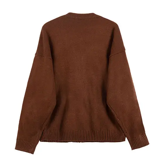 Men V-Neck Knitted Sweater Brown Solid Color