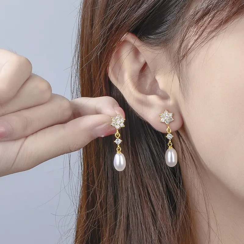 Korean Style Freshwater Pearl Earrings with Star Drop - Image 2