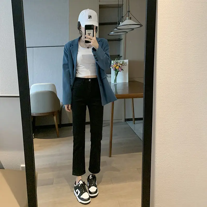 Black Straight-leg Jeans Women's New Cyber Celebrity High Waist Elastic Slim-fit Shorty Fall/Winter Ankle-cut Pants