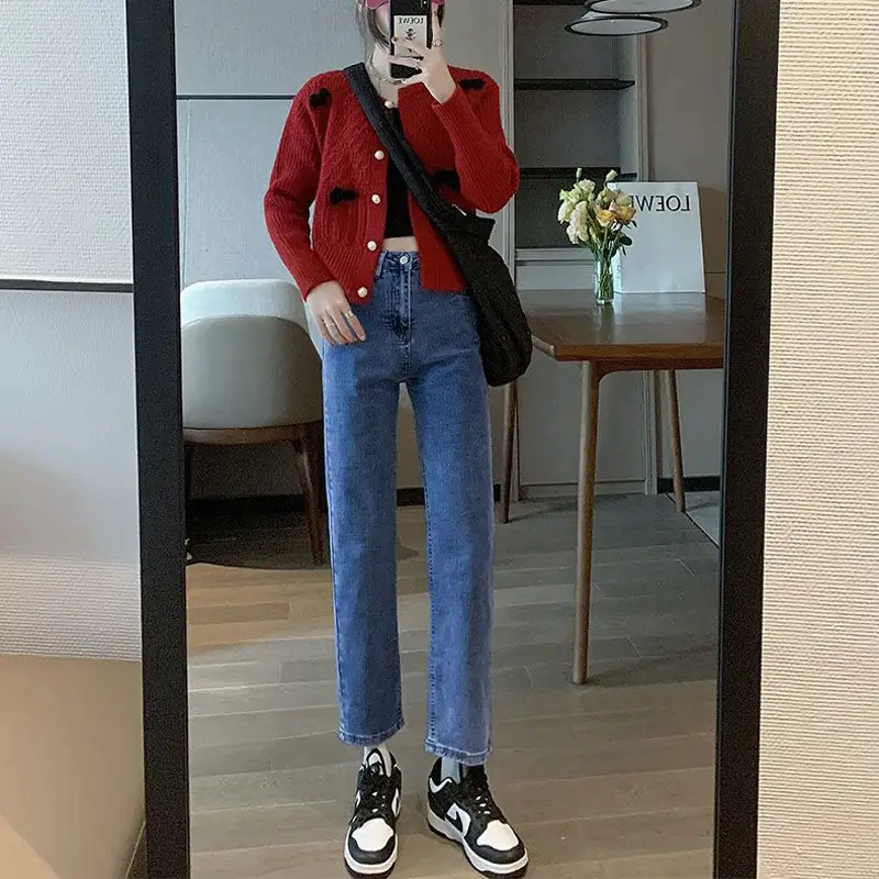Black Straight-leg Jeans Women's New Cyber Celebrity High Waist Elastic Slim-fit Shorty Fall/Winter Ankle-cut Pants