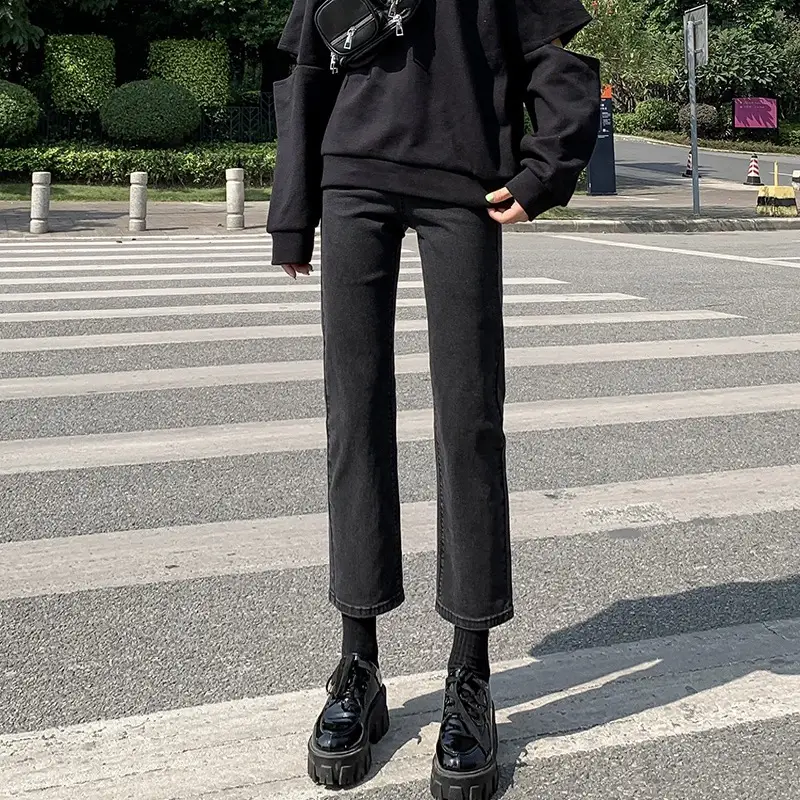 Black Straight-leg Jeans Women's New Cyber Celebrity High Waist Elastic Slim-fit Shorty Fall/Winter Ankle-cut Pants
