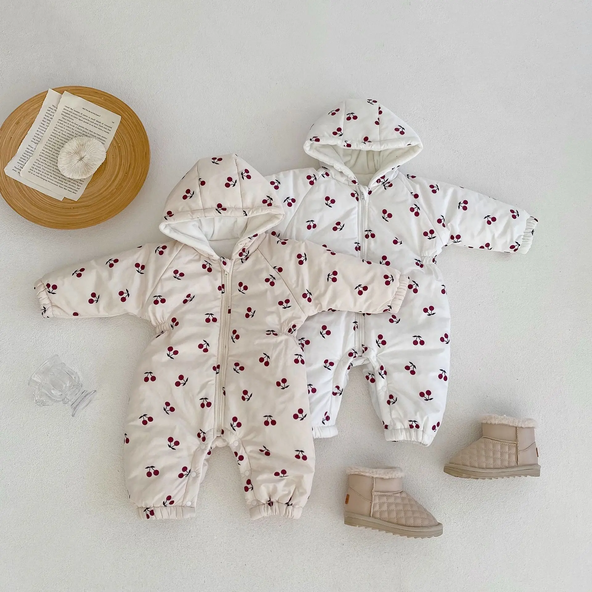 2025 Winter Velvet Hooded Quilted Coat for Baby Girls Cherry Print - Image 4