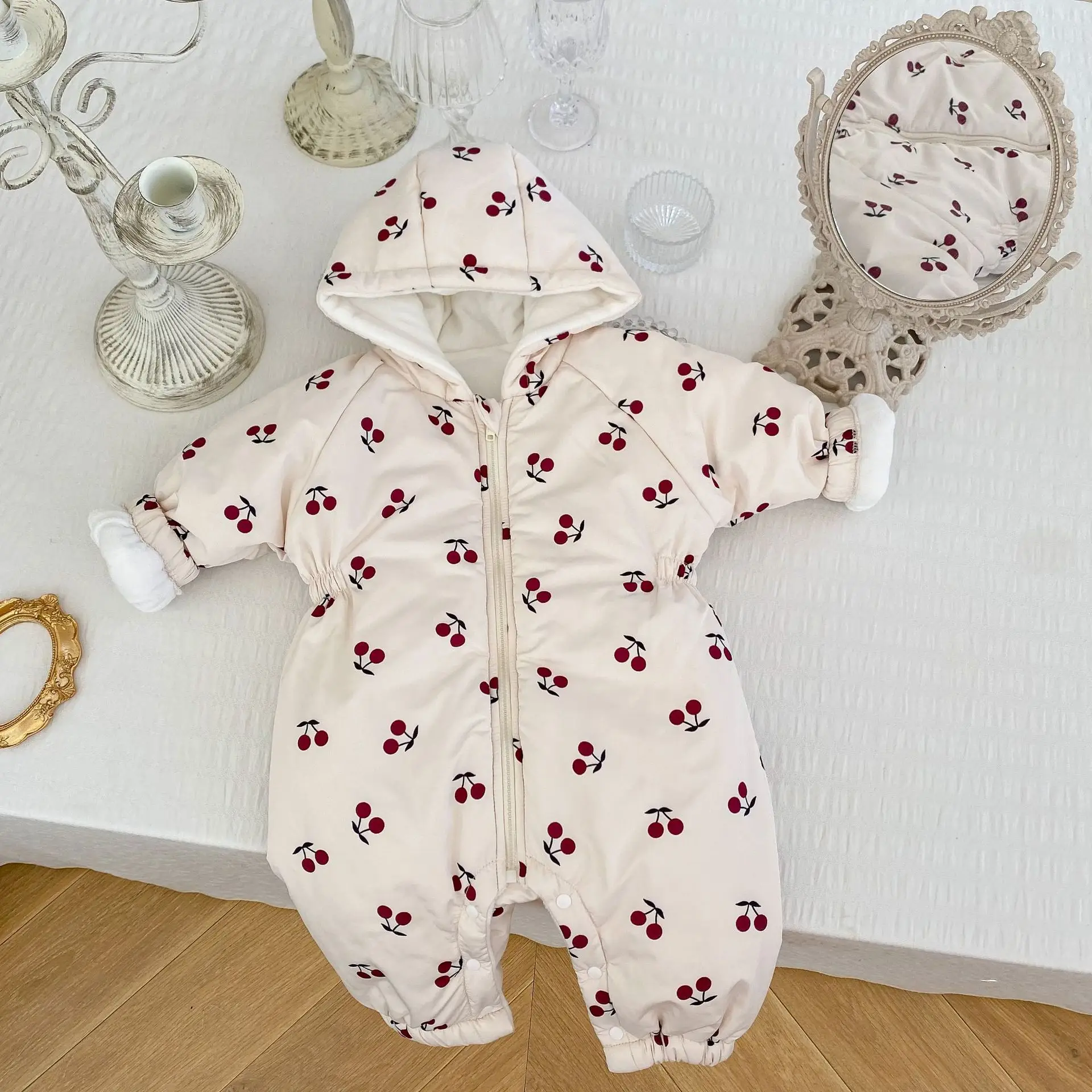 2025 Winter Velvet Hooded Quilted Coat for Baby Girls Cherry Print - Image 5