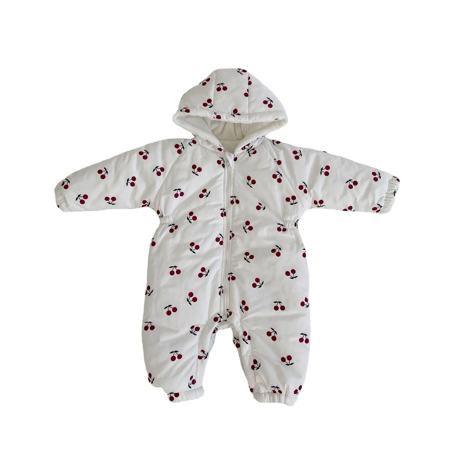 2025 Winter Velvet Hooded Quilted Coat for Baby Girls Cherry Print - Image 6