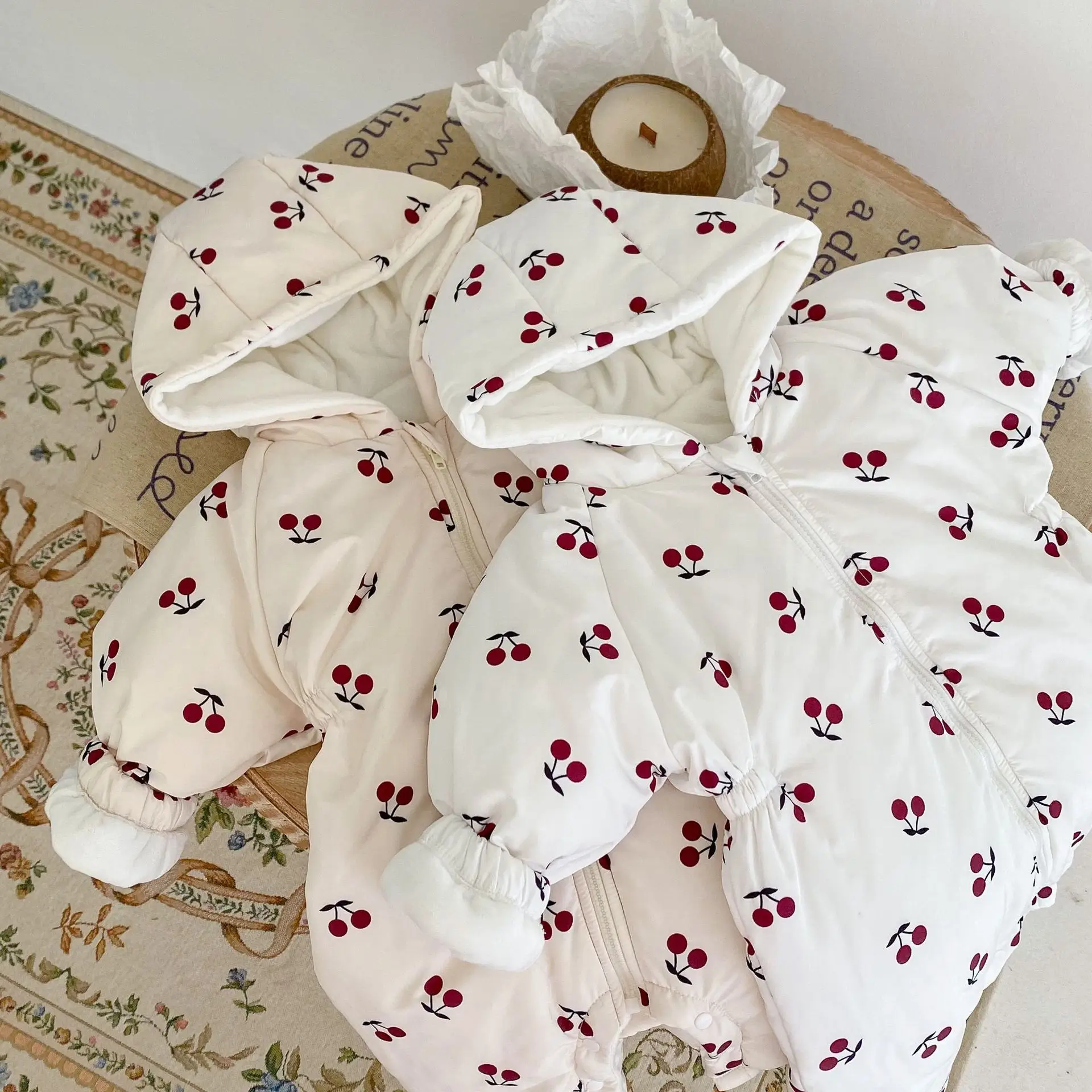 2025 Winter Velvet Hooded Quilted Coat for Baby Girls Cherry Print — feature 12