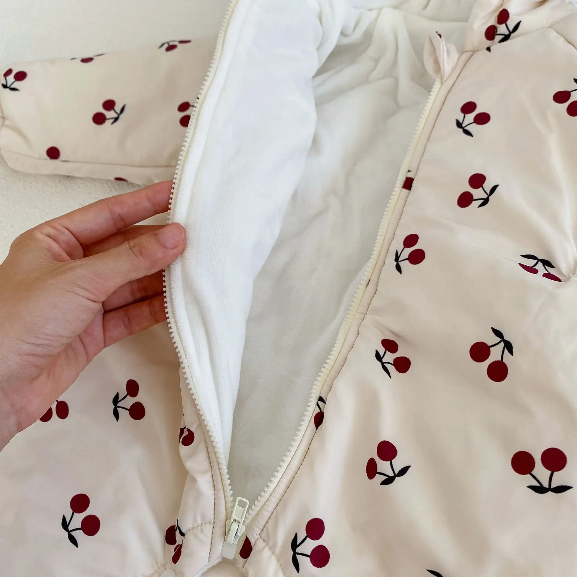 2025 Winter Velvet Hooded Quilted Coat for Baby Girls Cherry Print — feature 16