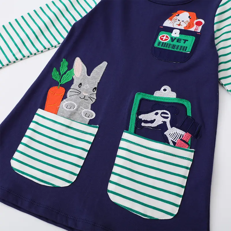 Girls Cartoon Long Sleeve Knitted Cotton Dress Navy Blue 2025 - Image 5