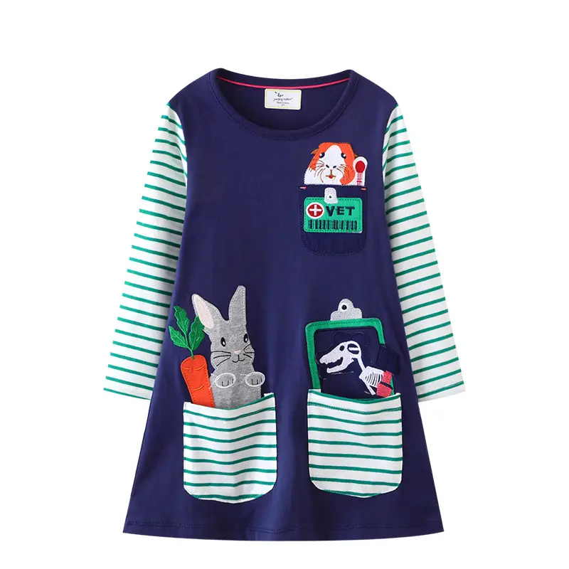 Girls Cartoon Long Sleeve Knitted Cotton Dress Navy Blue 2025 - Image 6