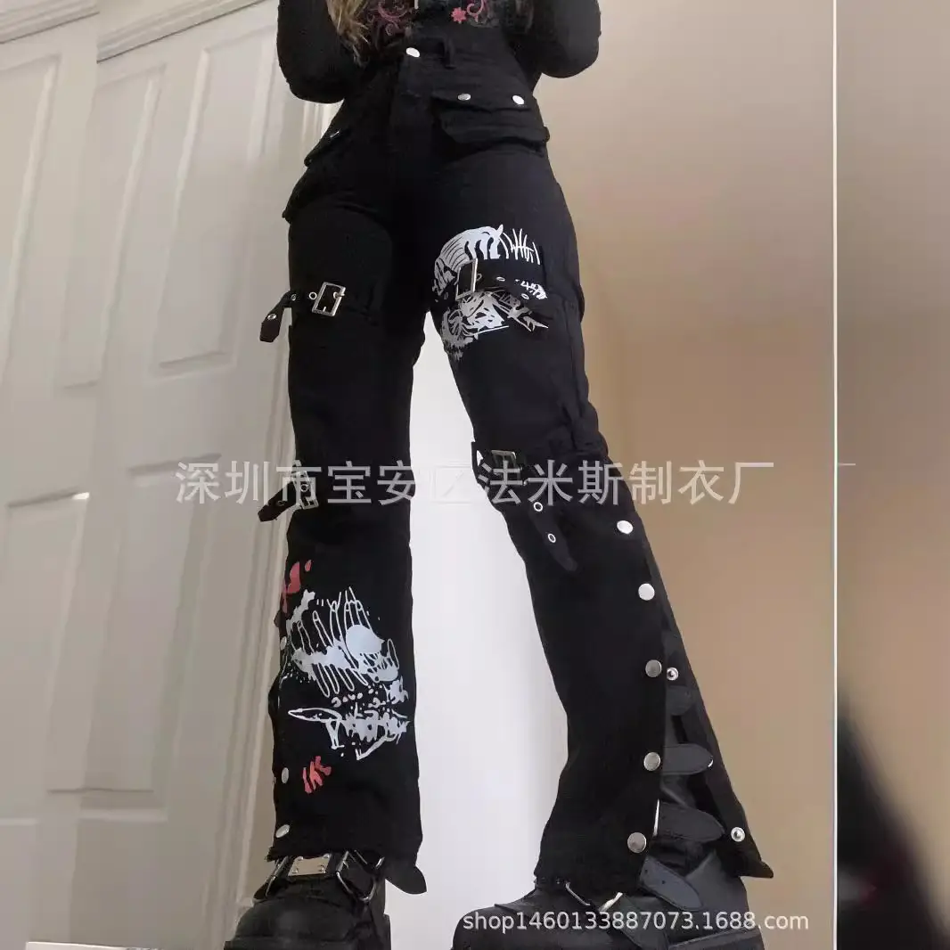 Black Denim Pants with Metal Buckle 2022 Style