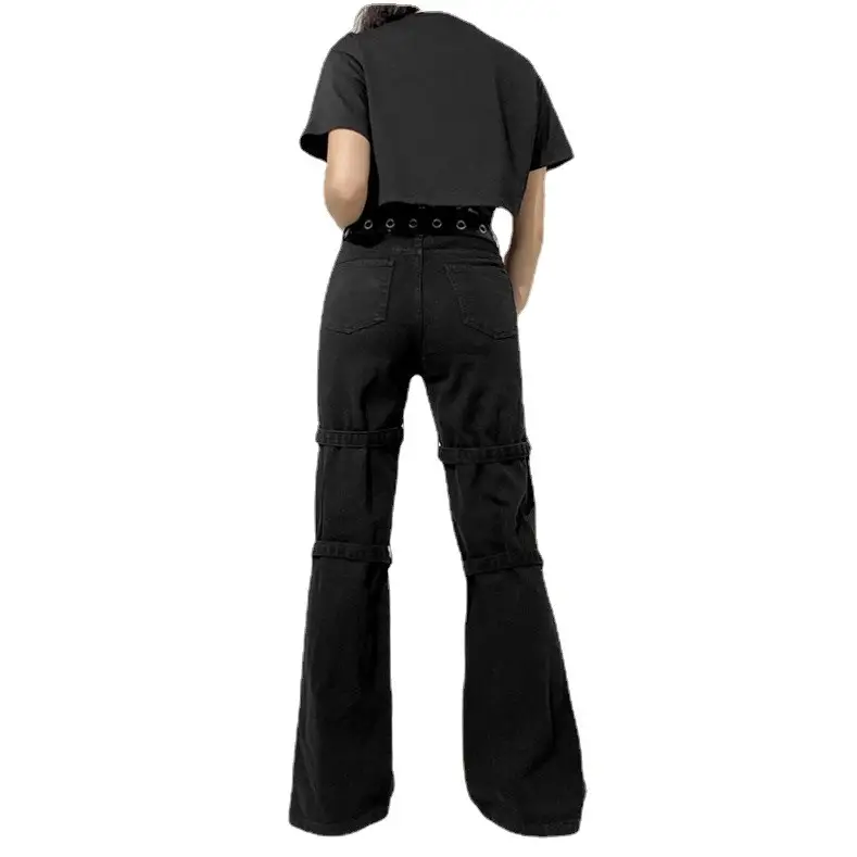 Black Denim Pants with Metal Buckle 2022 Style