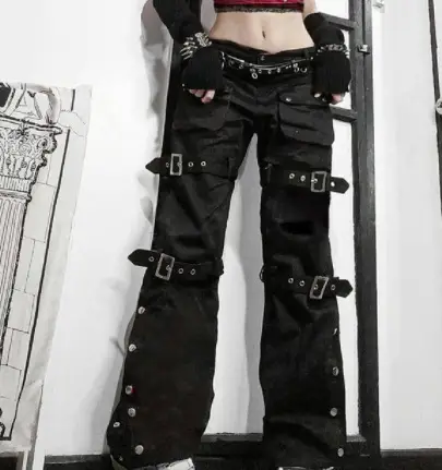 Black Denim Pants with Metal Buckle 2022 Style