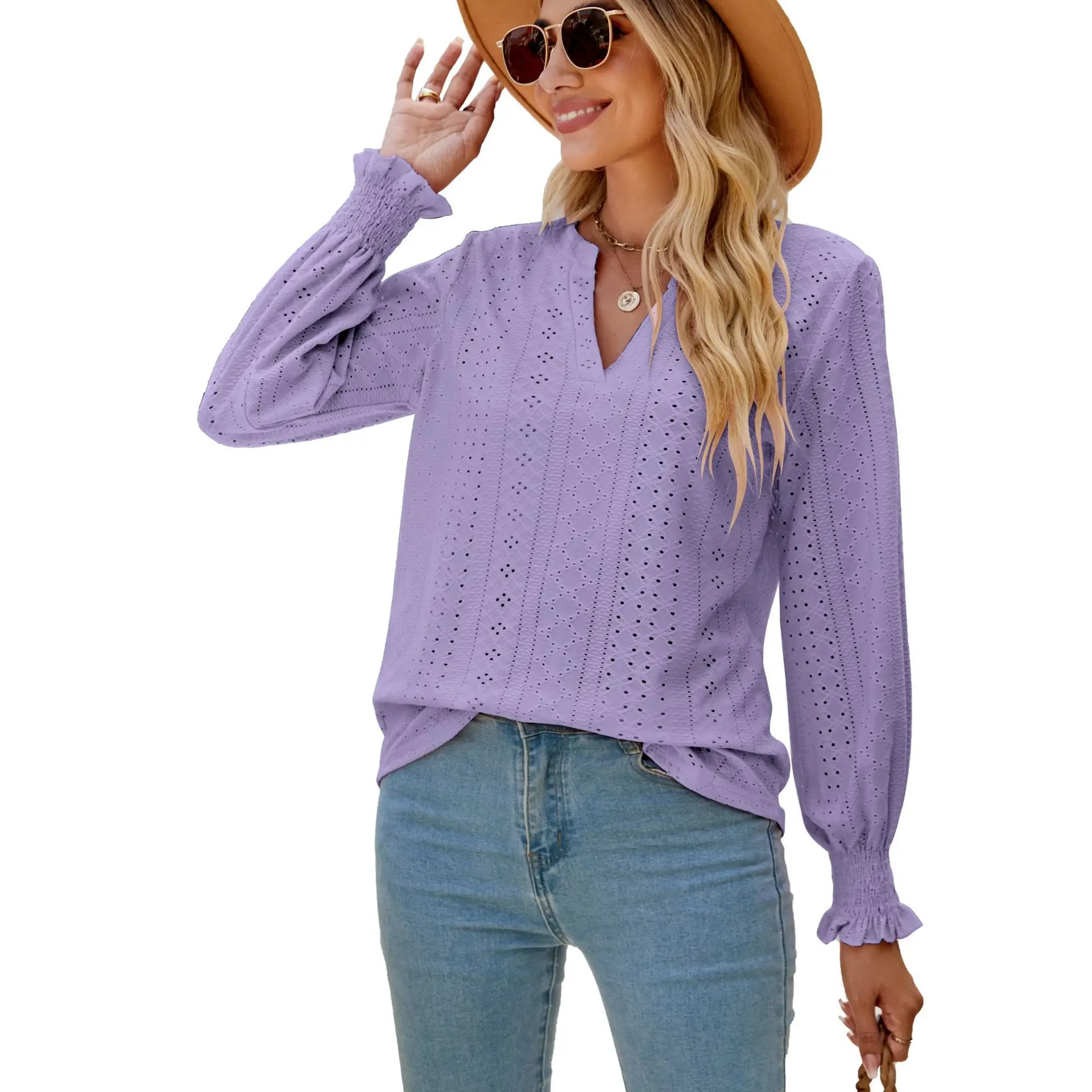 Purple Cut Out Lotus Leaf Long Sleeve Top - Image 11