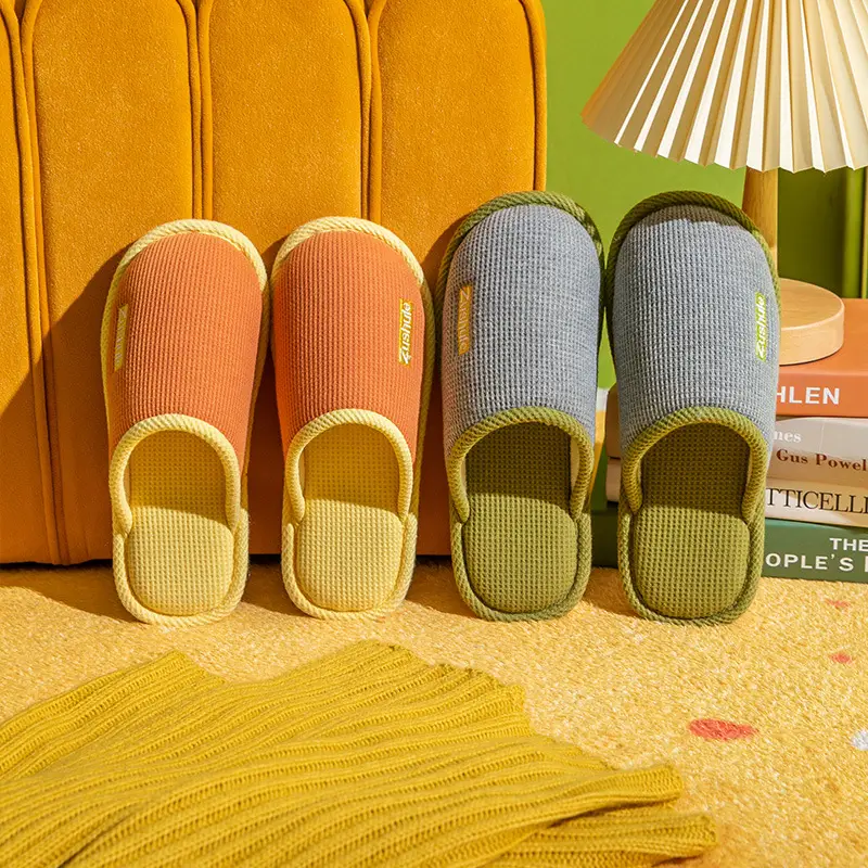 Spring and Summer New Indoor Wooden Floor Comfortable Home Cotton Slippers, Four-Season Closed-Toe Couple's Home Linen Slippers