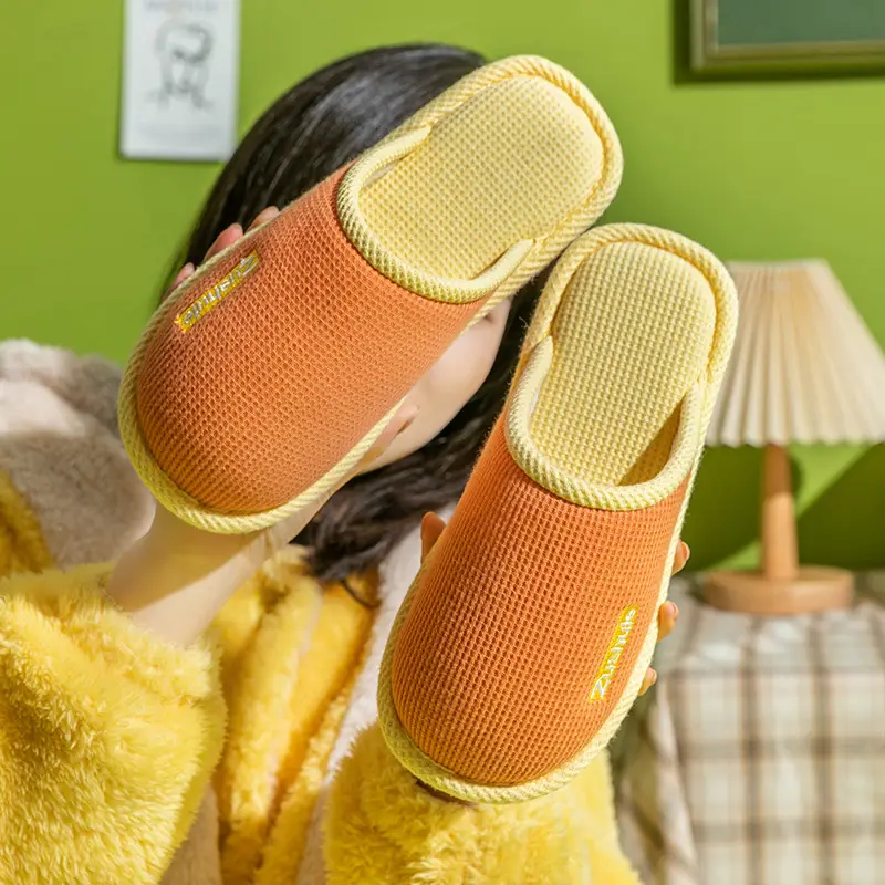 Spring and Summer New Indoor Wooden Floor Comfortable Home Cotton Slippers, Four-Season Closed-Toe Couple's Home Linen Slippers