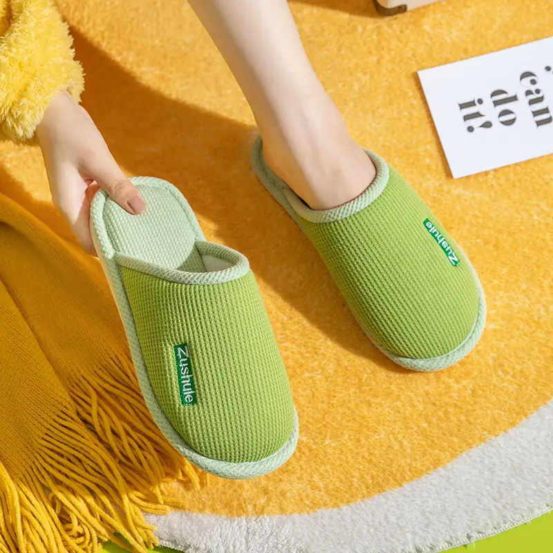 Spring and Summer New Indoor Wooden Floor Comfortable Home Cotton Slippers, Four-Season Closed-Toe Couple's Home Linen Slippers