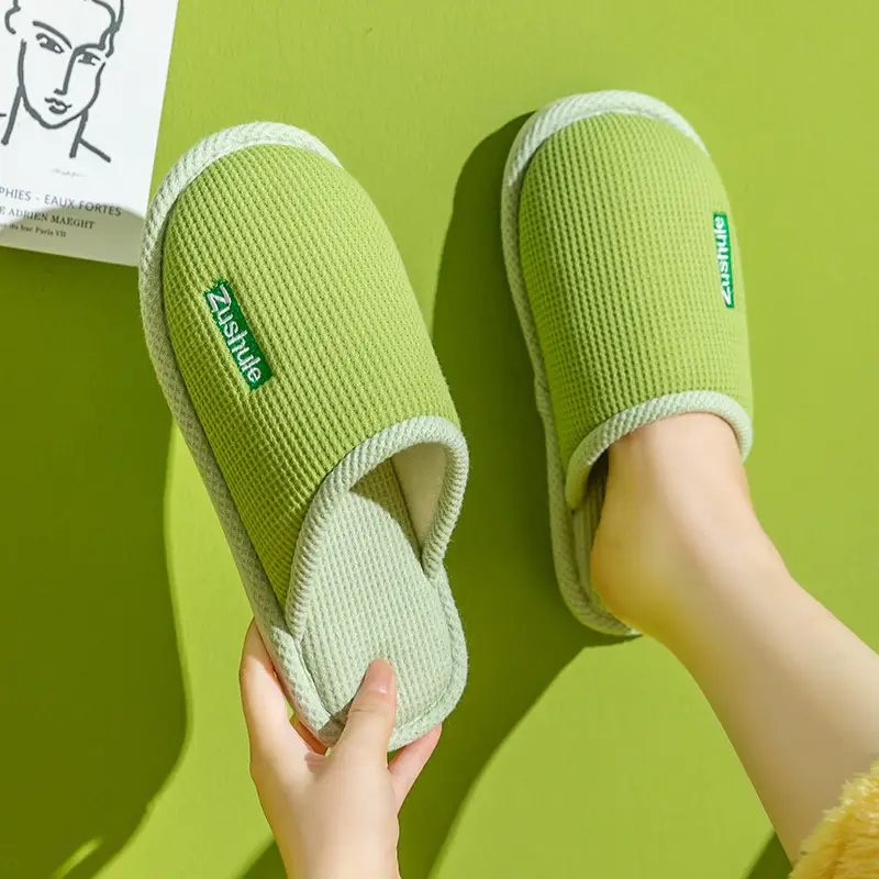 Spring and Summer New Indoor Wooden Floor Comfortable Home Cotton Slippers, Four-Season Closed-Toe Couple's Home Linen Slippers