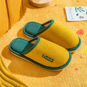 Spring and Summer New Indoor Wooden Floor Comfortable Home Cotton Slippers, Four-Season Closed-Toe Couple's Home Linen Slippers
