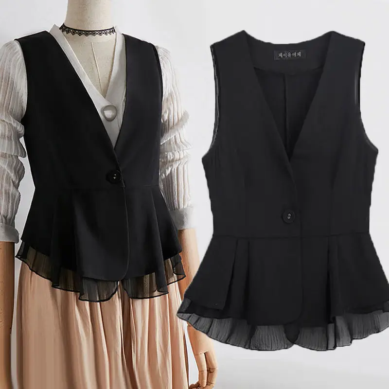 Black Chiffon Vest Women Spring Autumn Slim Fit Waistcoat Style - Image 5