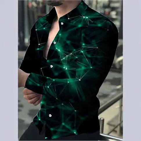2023 Green Gradient Lapel Shirt Slim Fit Long Sleeve