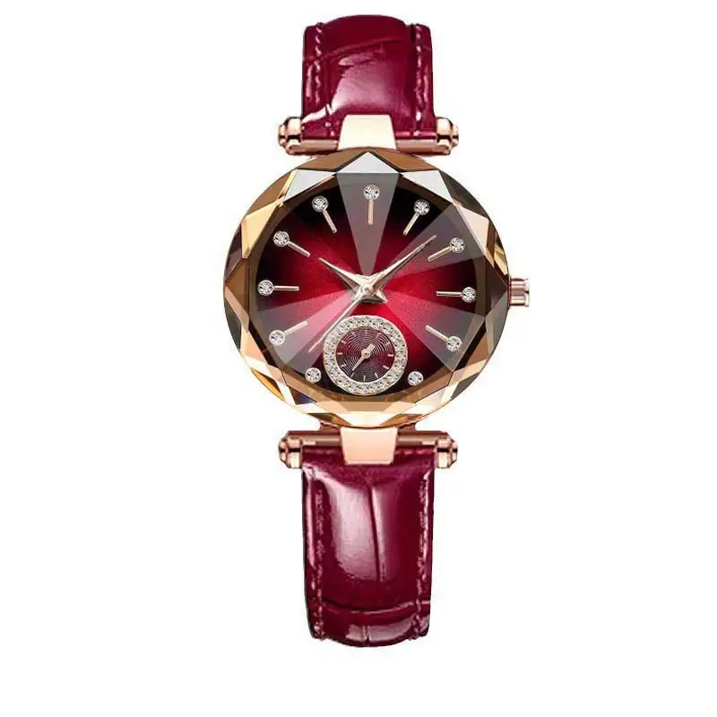 Women's Quartz Gold-Plated Watch, High-Value Simple Alloy Leather Strap Retro Diamond-Encrusted Wristwatch for Middle School Students